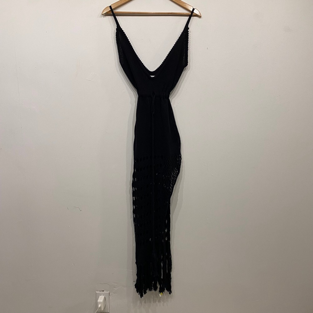 Pampelone Black Crochet Knit Fringe Maxi Dress Beach Coverup XS
